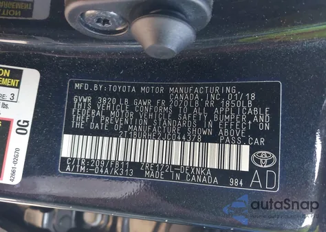 2018 Toyota Corolla Le из США, поврежденный, VIN 2T1BURHE2JC044378